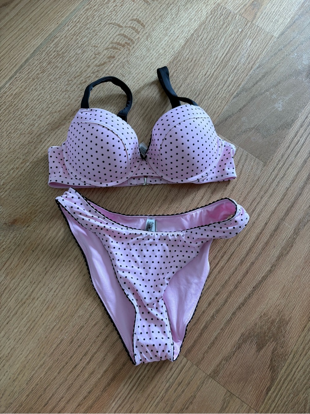 Pink Polka Dot Bikini Set with Black Trim - Picture 2 of 5